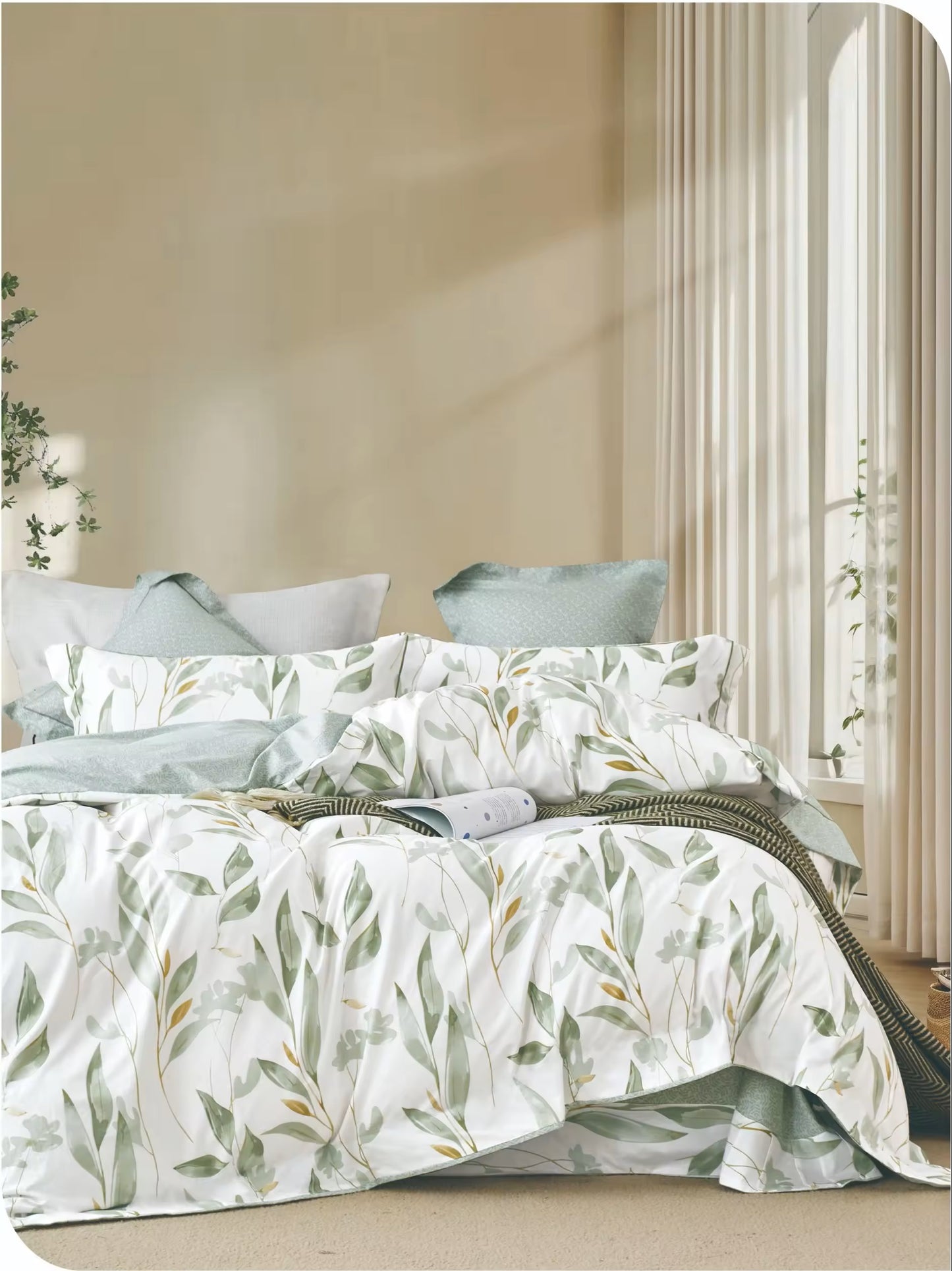 100% Cotton White and Green Duvet Cover Set