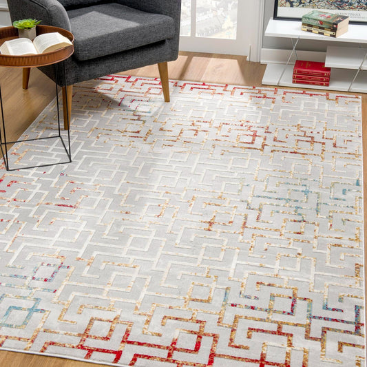 Mirello Abstract Contemporary Grey and Red Indoor Rug