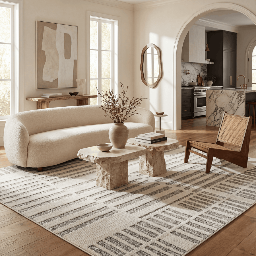 Linea Striped Contemporary Cream and Beige Indoor Rug