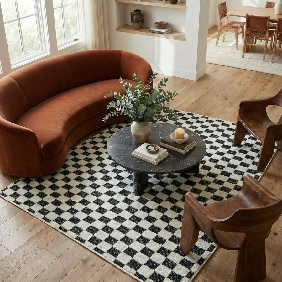 Misbah Checkered Contemporary Black and White Indoor Rug