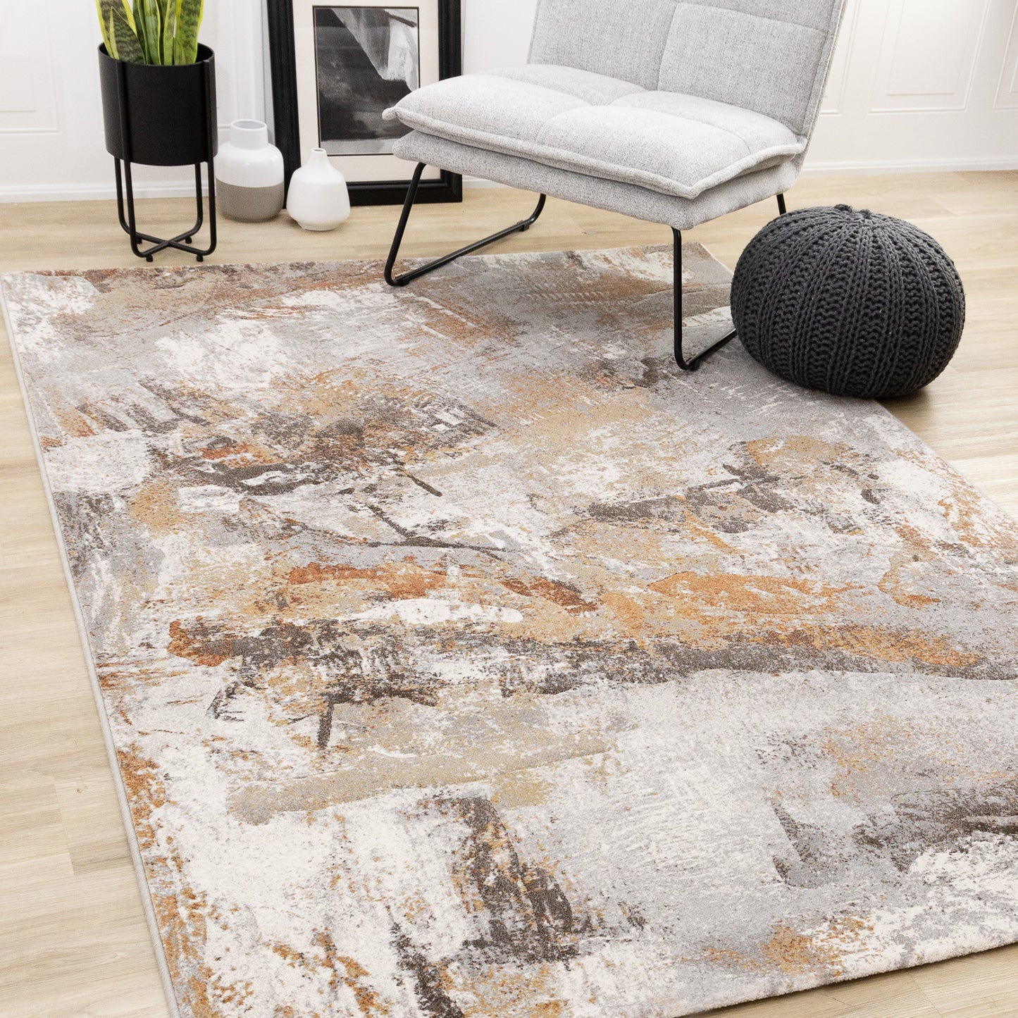 Contemporary Border Distressed Grey Area Rug