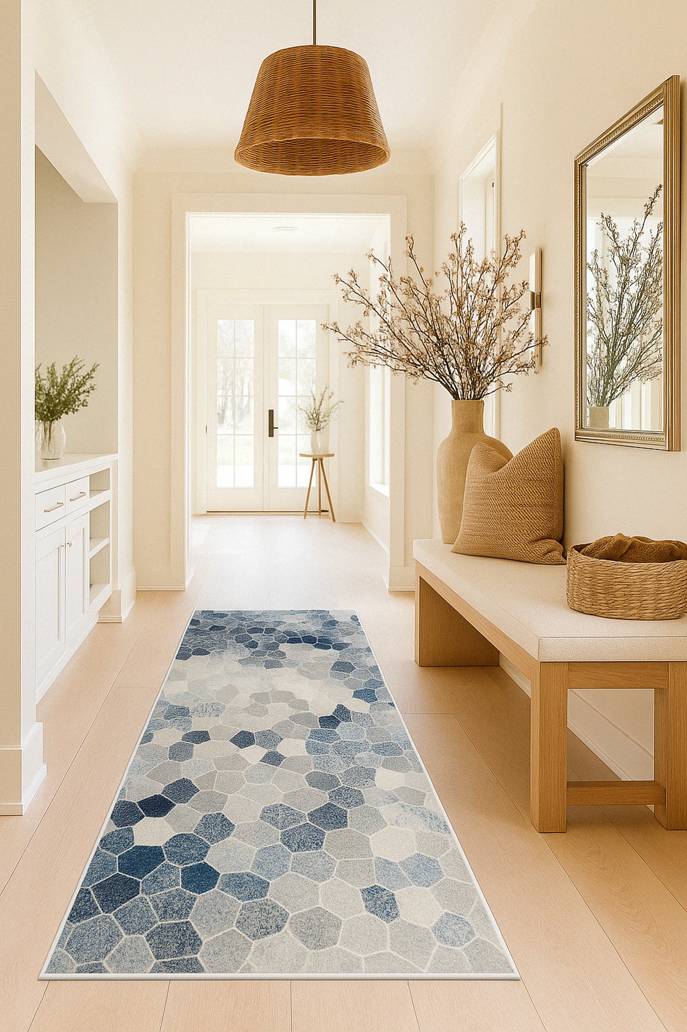 Tapis bleu contemporain géométrique Havana