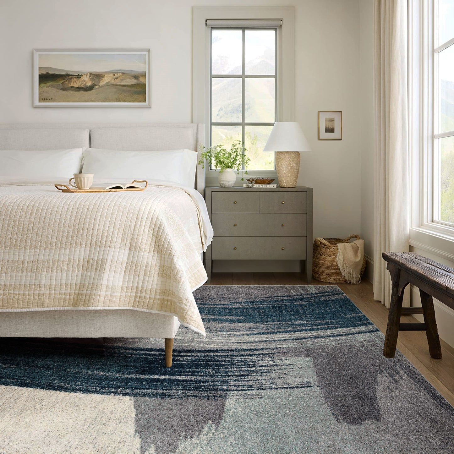 Tapis bleu contemporain scandinave Nova