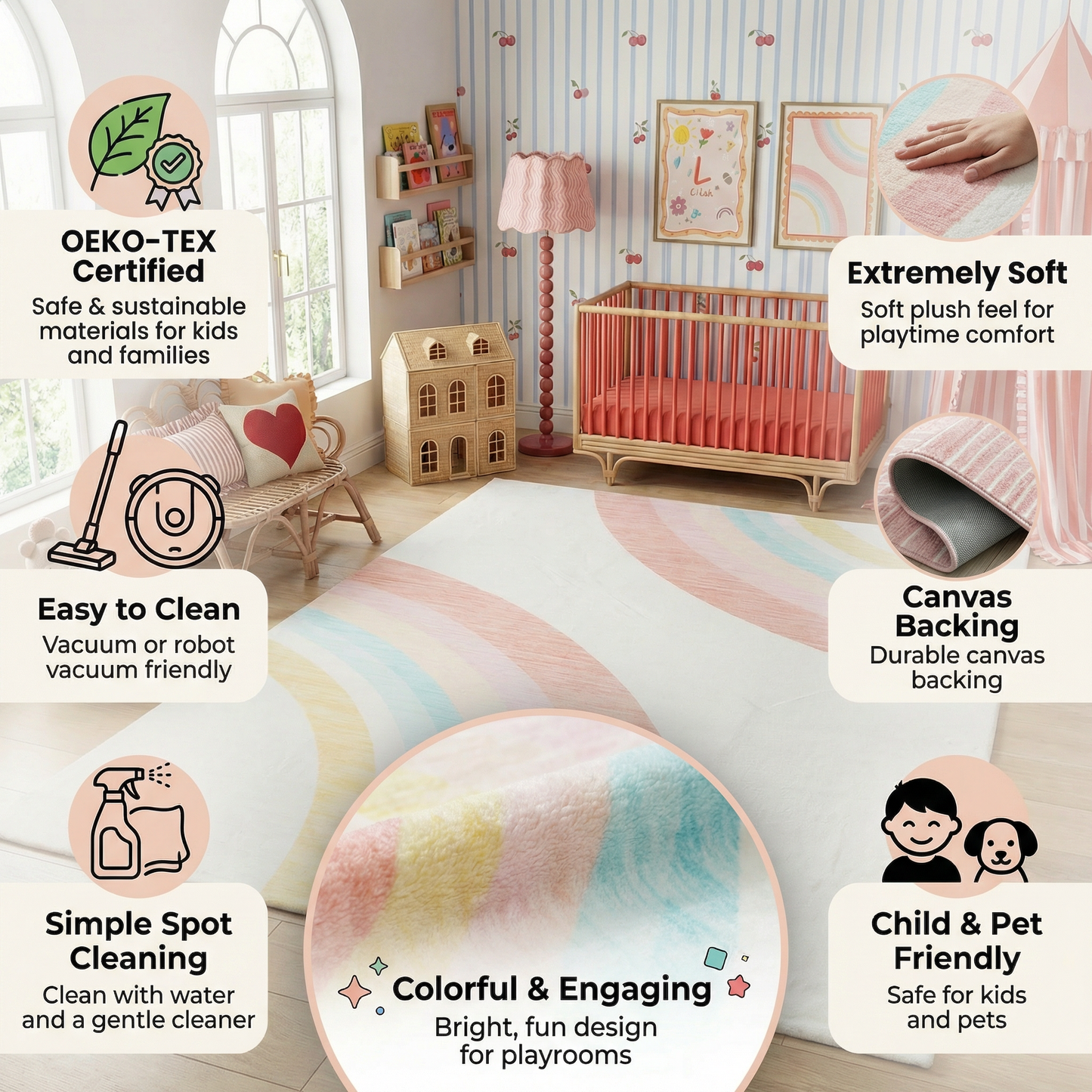 Tapete de juego arcoíris Soft Steps Playtime, alfombra suave rosa