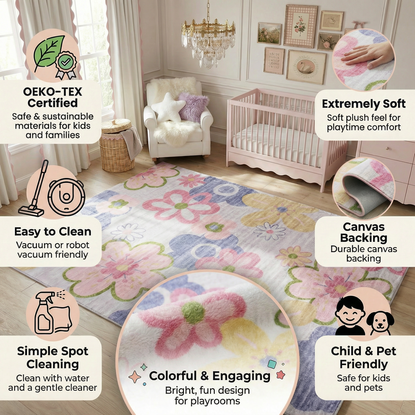 Tapete de juego floral divertido de Soft Steps, alfombra suave rosa