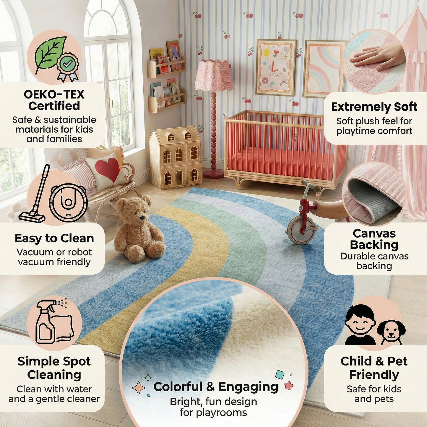 Tapete de juego arcoíris Soft Steps Playtime, alfombra suave azul claro