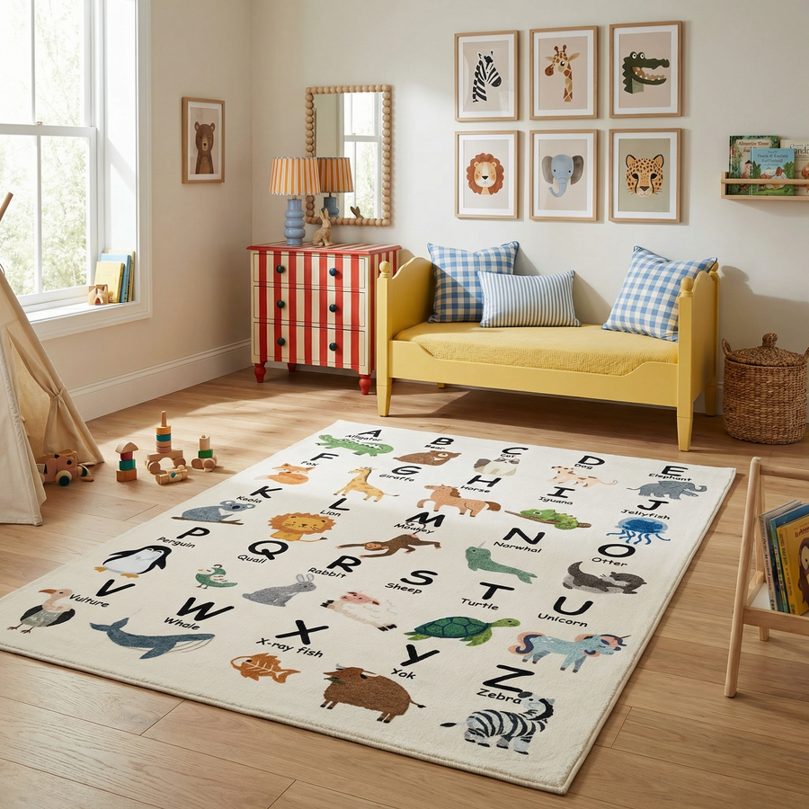 Atlas Education Learning White and Beige Indoor Kids Letters Rug