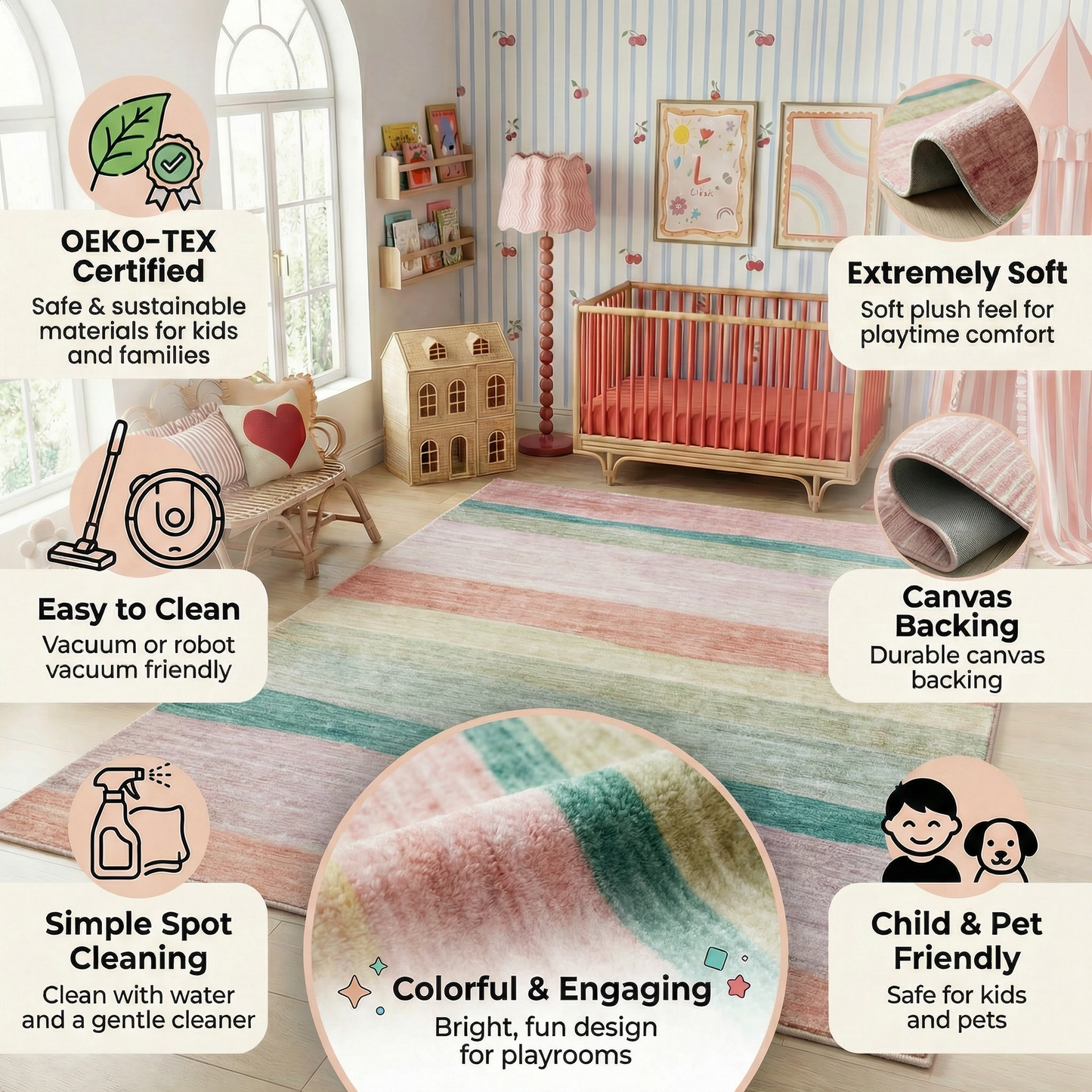 Haze Striped Pink Green Kids Playroom Indoor Area Rug