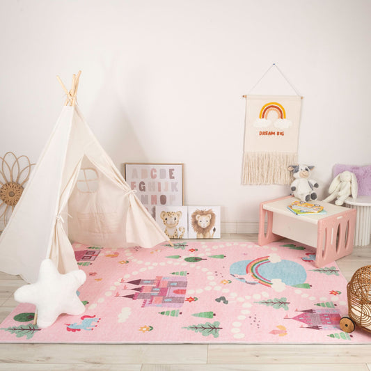 Everly Unicorn Castle Map Scandinavian Pink and White Indoor Rug