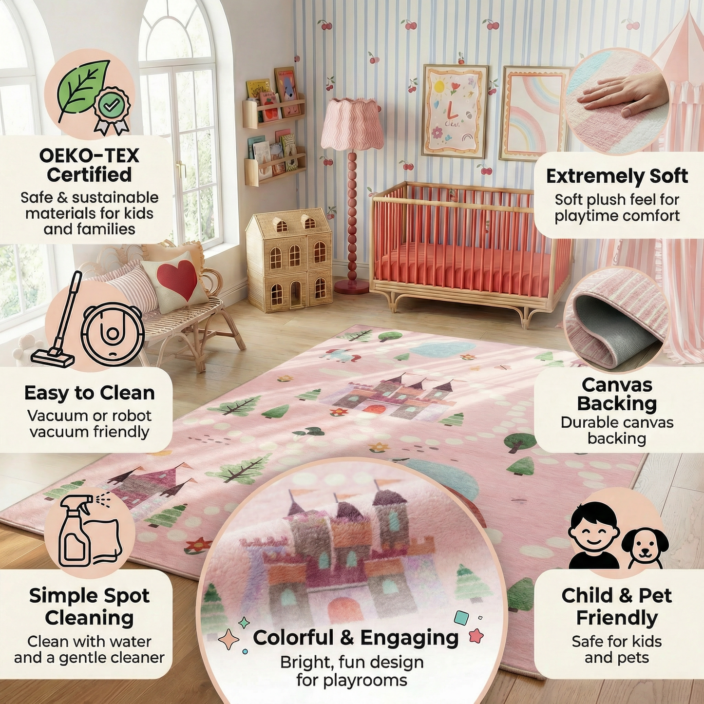 Tapete educativo rosa suave de Soft Steps con unicornios, castillo y mapa de carreteras