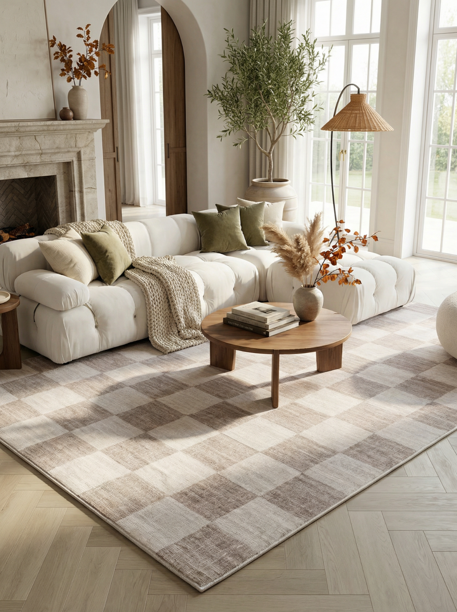 Emil Checkered Contemporary Beige and Brown Indoor Rug
