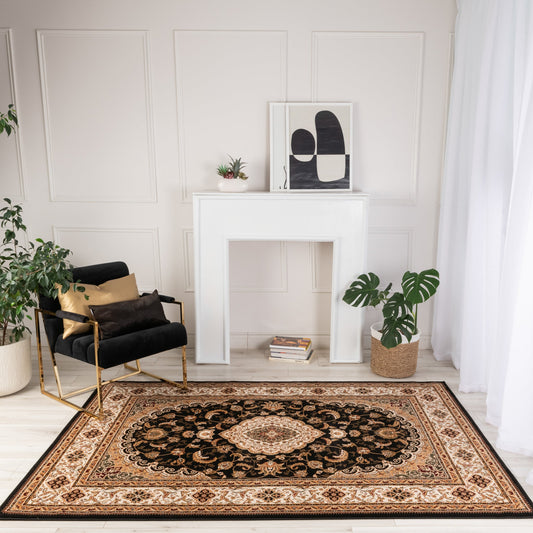 Zayn Persian Medallion Traditional Black and Beige Indoor Rug