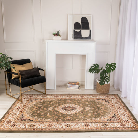 Diwan Persian Medallion Traditional Green and Beige Indoor Rug