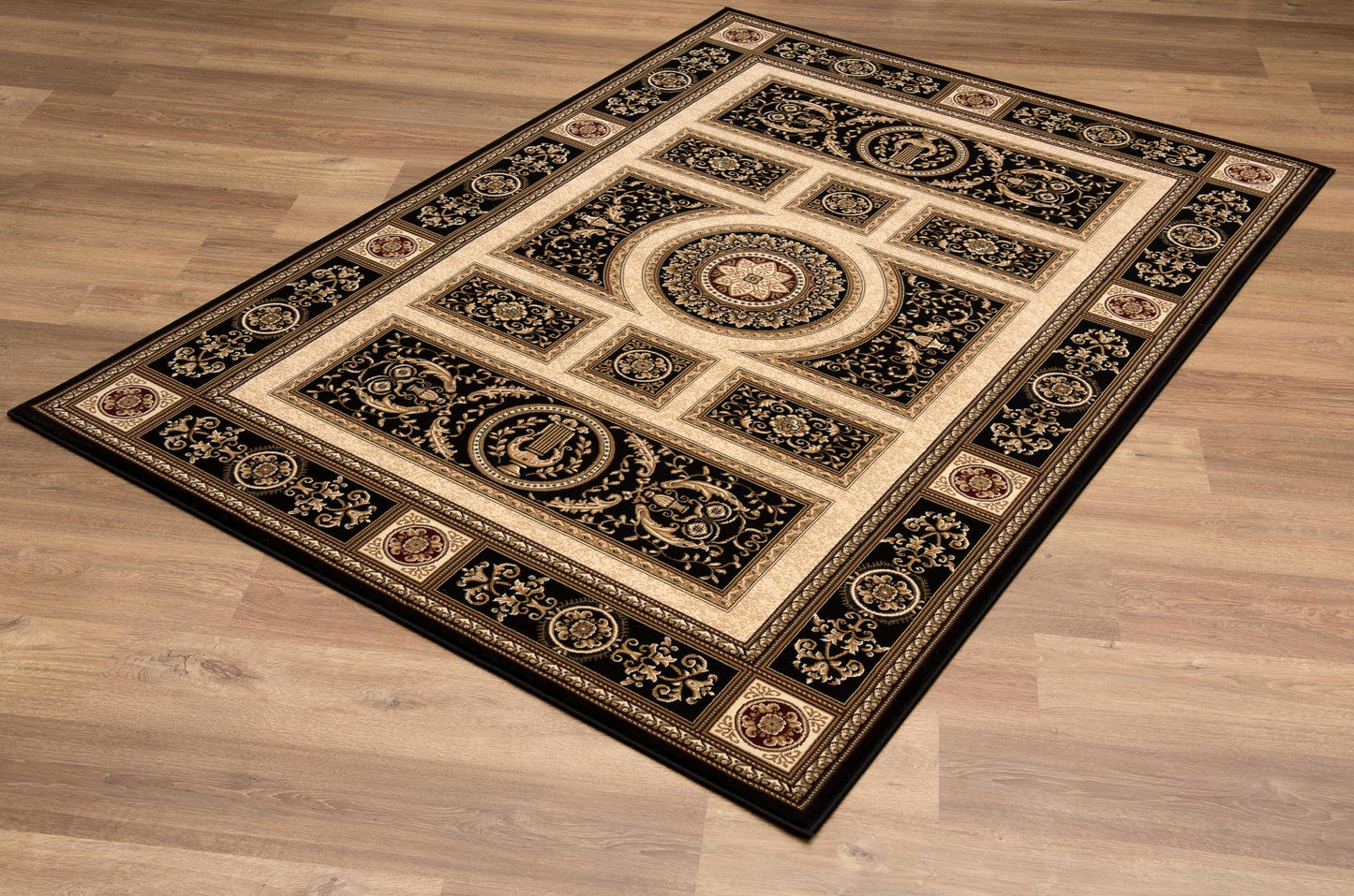 Fajr Floral Medallion Traditional Black and Beige Indoor Rug