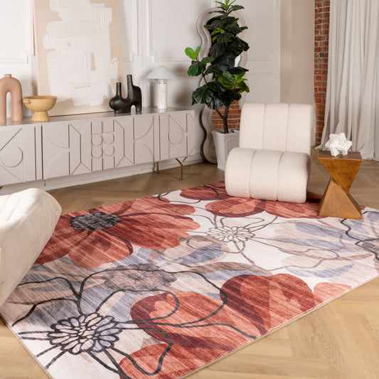 Sakura Floral Modern Red and Beige Indoor Rug
