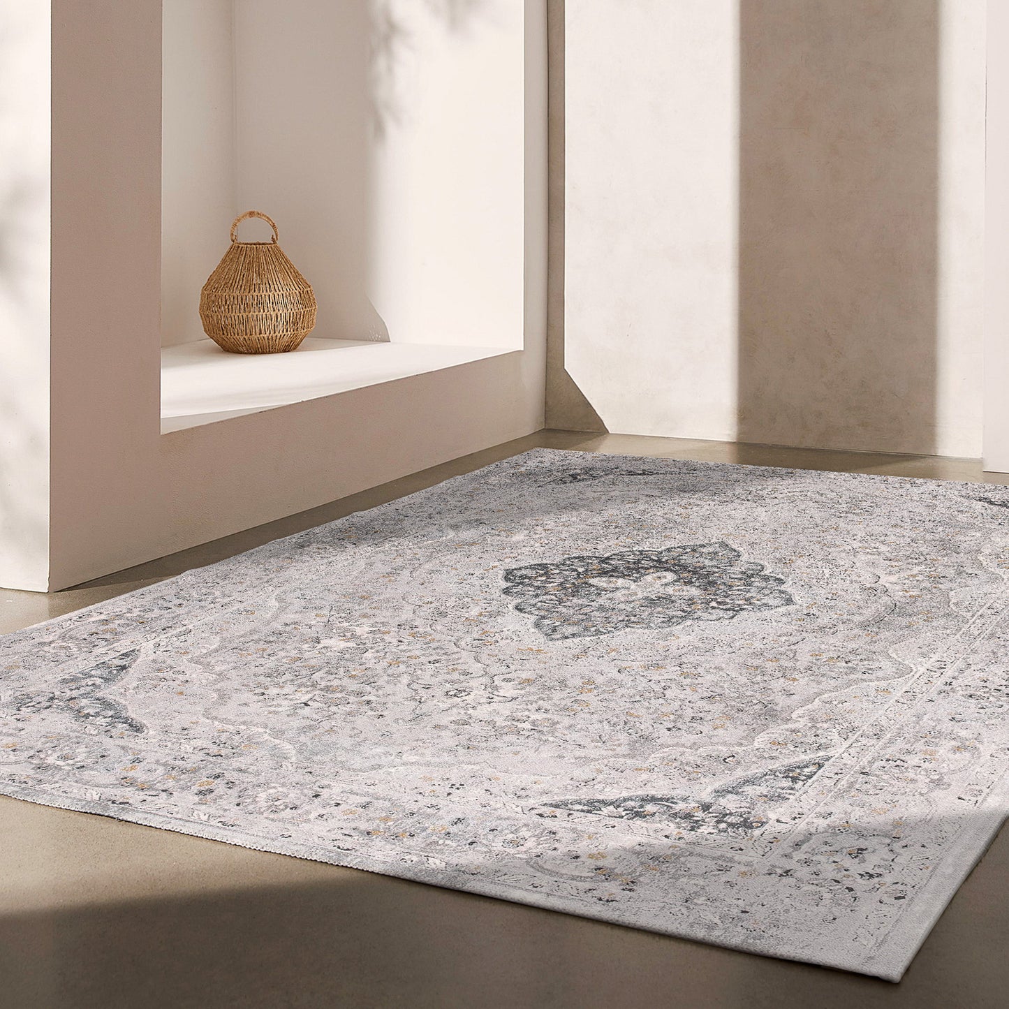 Caldera Distressed Medallion Comtemporary Grey and Beige Indoor Rug