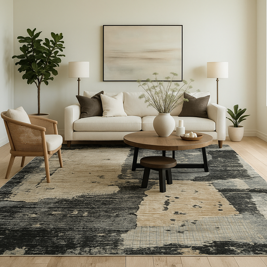 Atlas Abstract Patchwork Modern Black and Beige Indoor Rug
