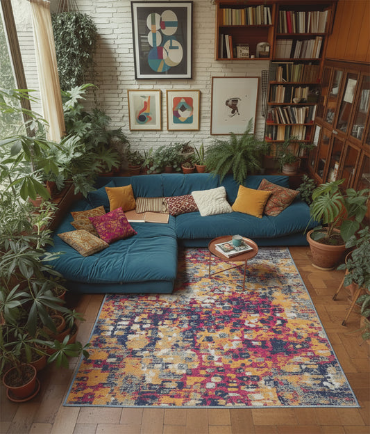 Ziya Abstract Distressed Contemporary Yellow and Blue Indoor Rug