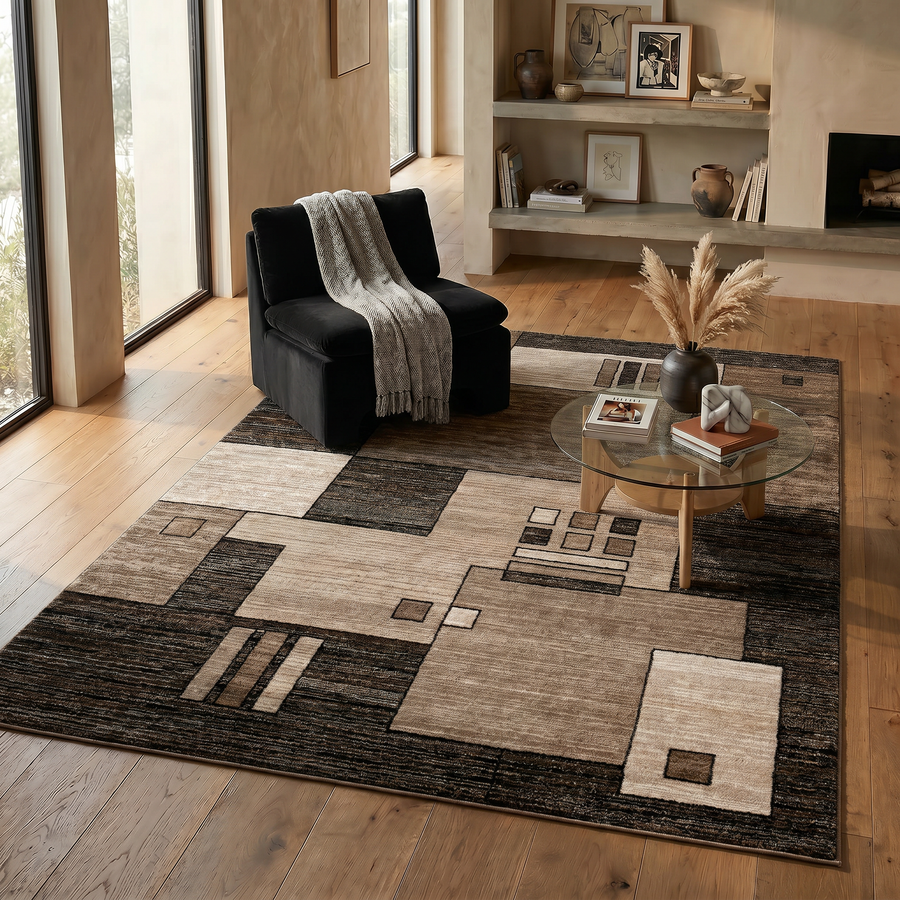 Shizen Geometric Contemporary Brown and Beige Indoor Rug