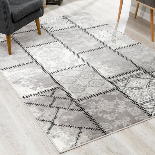 Vastra Patchwork Contemporary Grey and Beige Indoor Rug