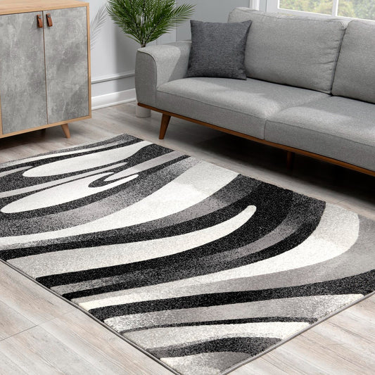 Mizuho Abstract Wave Contemporary Black and Grey Indoor Rug