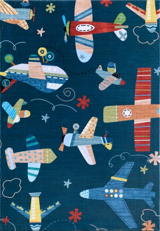 Maverick Airplane Adventure Navy Blue Aviation Theme Kids Rug