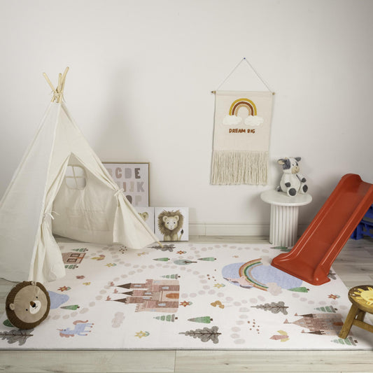 Everly Unicorn Castle Map Scandinavian White and Blue Indoor Rug