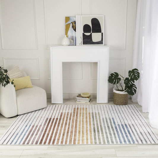 Elias Abstract Striped Contemporary White and Beige Indoor Rug