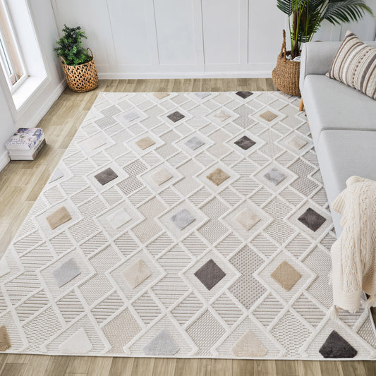Kintsu Geometric Contemporary Cream and Beige Indoor Rug