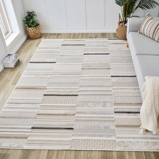 Ivara Patchwork Stripe Comtemporary Beige and Cream Indoor Rug