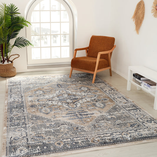 Aman Distressed Medallion Traditional Brown and Grey Indoor Rug