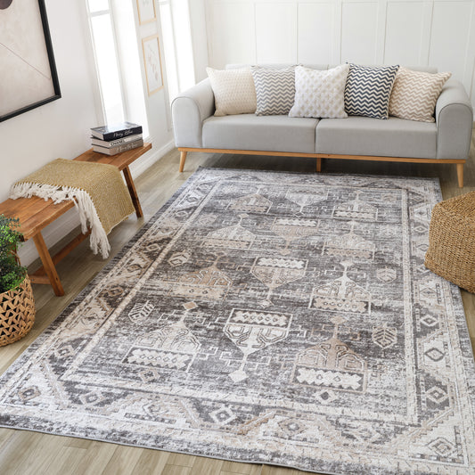 Karsin Oriental Traditional Grey and Beige Indoor Rug