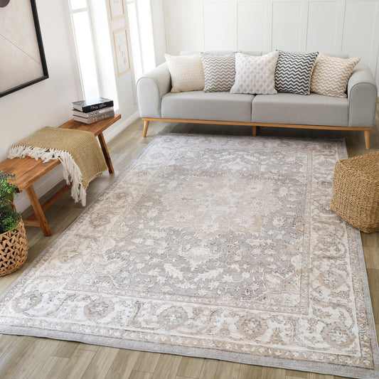 Ruba Floral Medallion Traditional Beige and Grey Indoor Rug