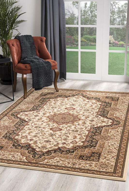 Hadi Persian Medallion Traditional Cream and Black Indoor Rug