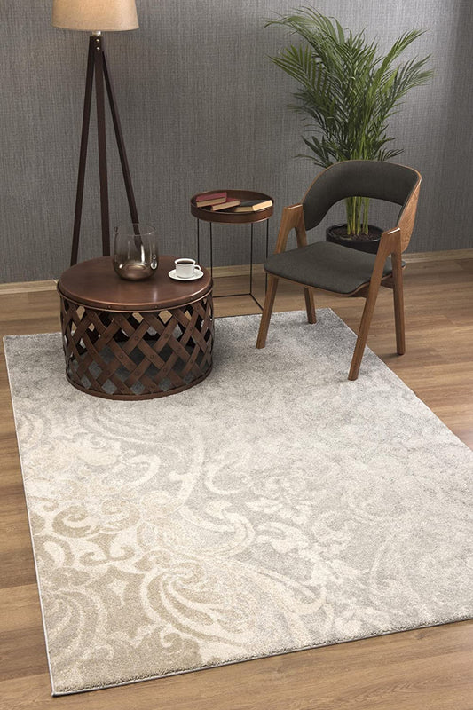 Adrian Distressed Damask Transitional Grey and Beige Indoor Rug
