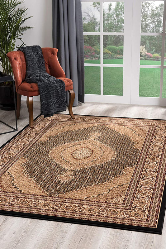 Faris Persian Medallion Traditional Black and Beige Indoor Rug