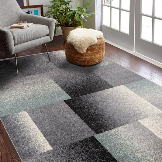 Riwaq Abstract Contemporary Grey and Blue Indoor Rug