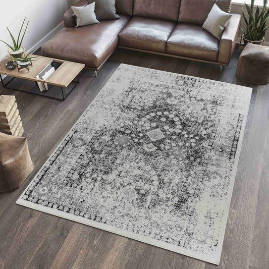 Huda Oriental Traditional Black and Grey Indoor Rug
