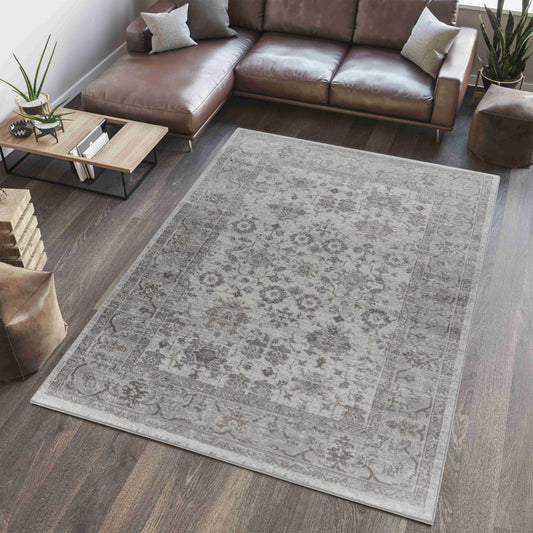 Hala Oriental Floral Traditional Grey and Brown Indoor Rug