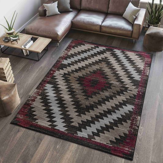 Zuni Geometric Traditional Brown and Red Indoor Rug