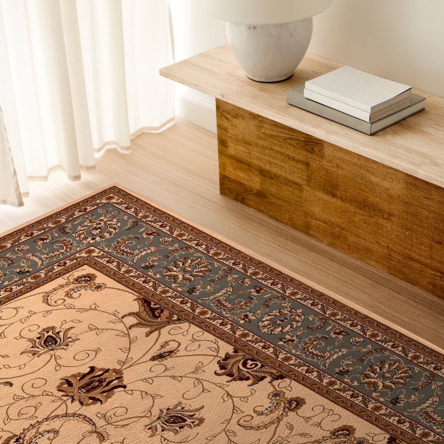 Tapis persan traditionnel beige majestueux