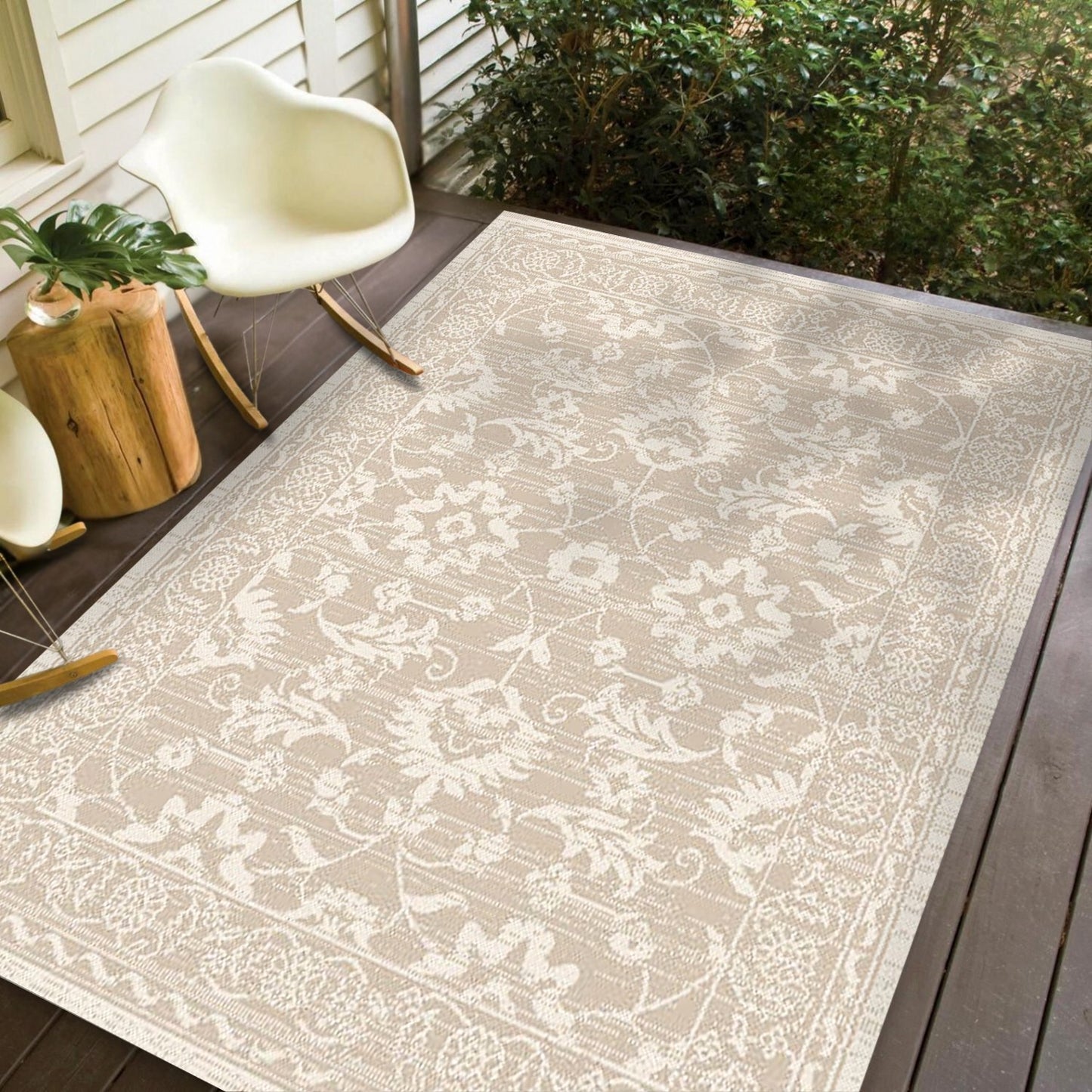 Oriental Modern Beige and Cream Outdoor Rug