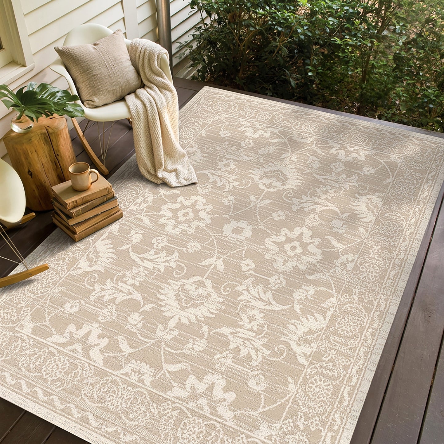 Oriental Modern Beige and Cream Outdoor Rug