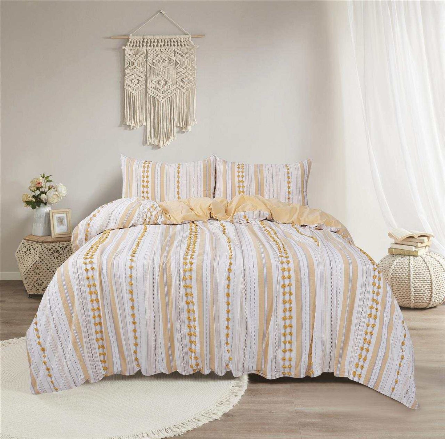 Textured 100% Cotton Ivory, Yellow and Grey Duvet Cover Set