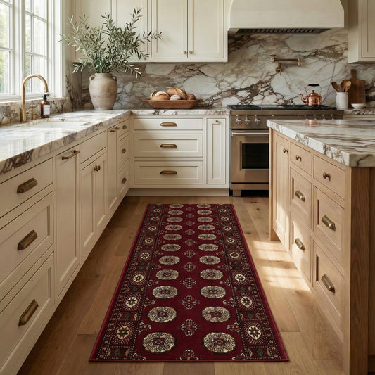 Rawda Oriental Bokhara Traditional Red and Beige Indoor Rug