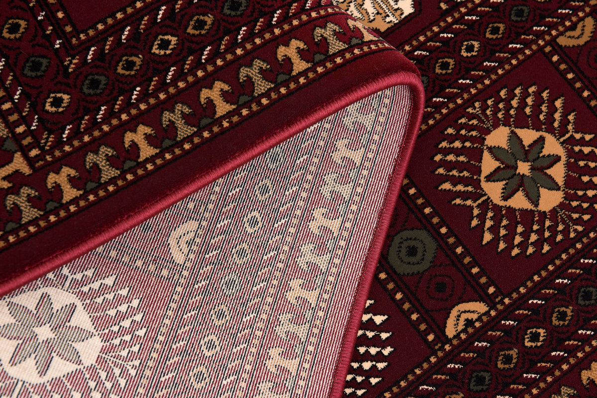 Alfombra de interior tradicional Rawda Oriental Bokhara roja y beige