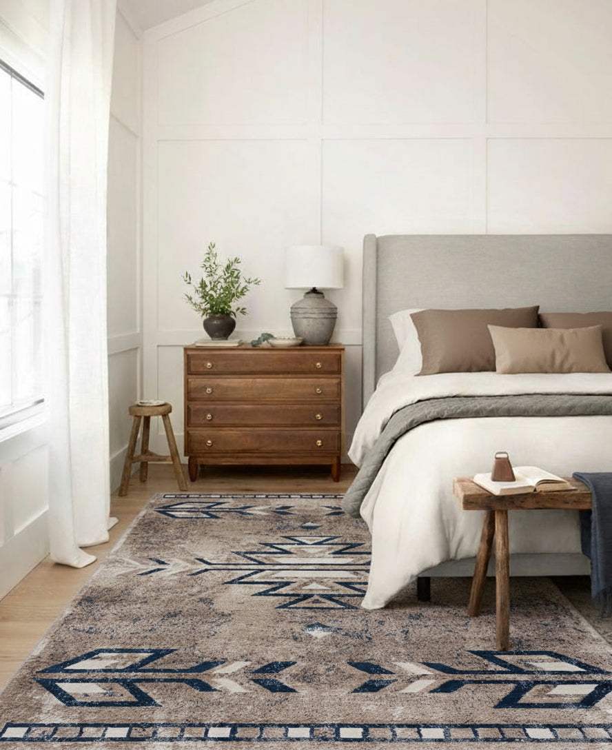 Nava Southwestern Contemporary Blue and Beige Indoor Rug