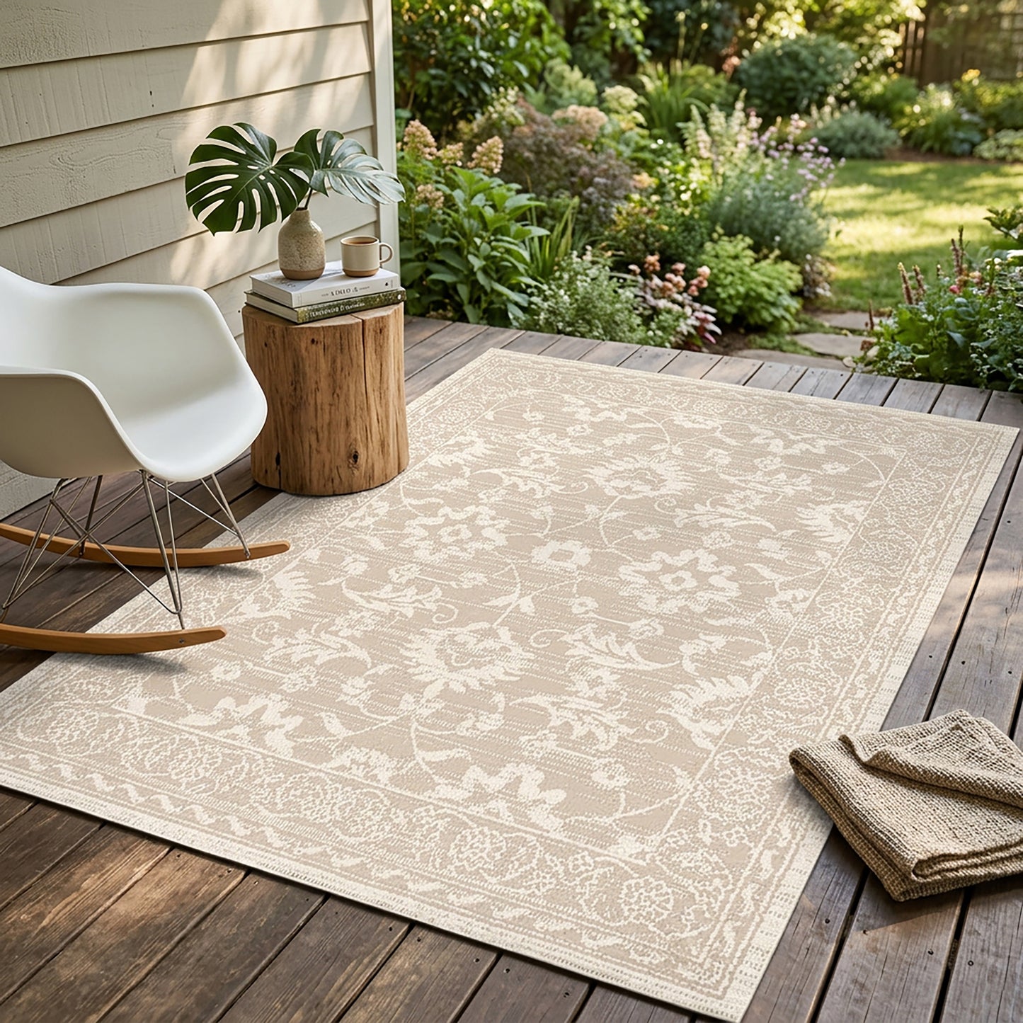Oriental Modern Beige and Cream Outdoor Rug