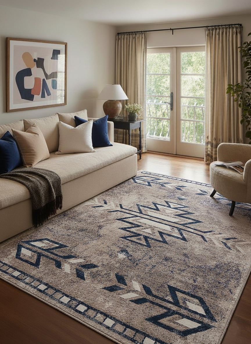 Nava Southwestern Contemporary Blue and Beige Indoor Rug