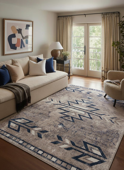 Nava Southwestern Contemporary Blue and Beige Indoor Rug